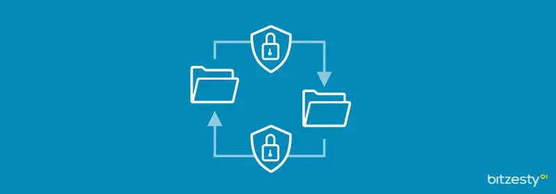 An icon showing an architectural representation of secure data moving between files. 