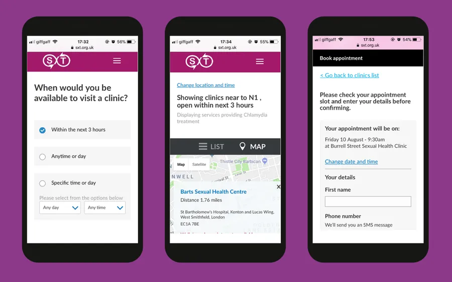 The SXT Clinic Finder service in use on a mobile device. 