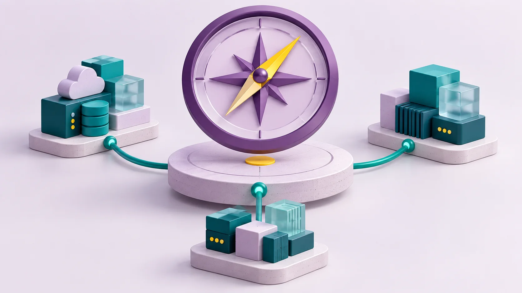 A purple compass connecting three software systems, illustrating shared technical direction.