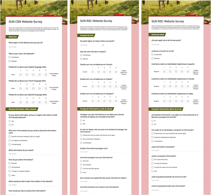 Image of online user survey in English, French, and Spanish