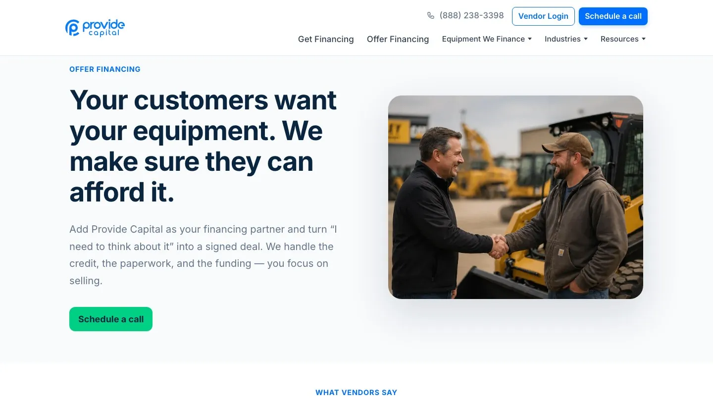 Provide Capital vendor financing page with the equipment dealer proposition, a meeting-booking button and a vendor login.